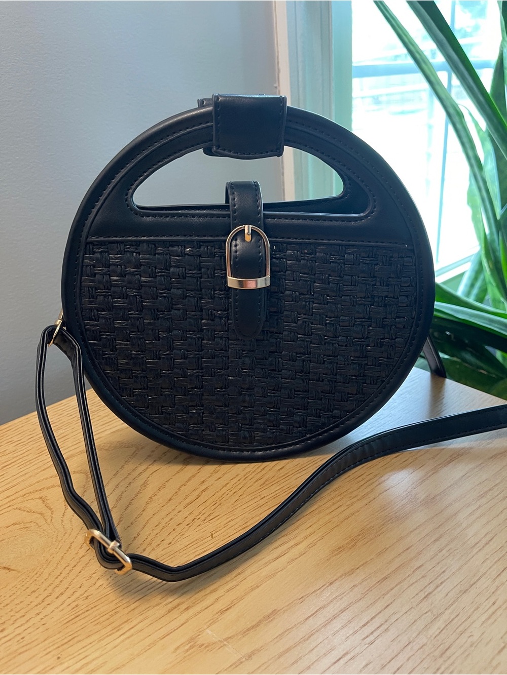 Black Round Rattan and Faux Leather Crossbody Bag